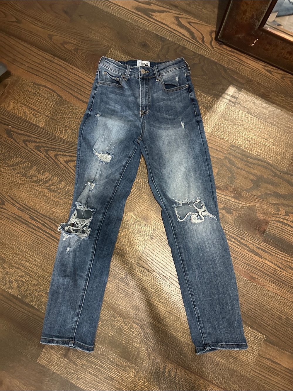 High-Rise Straight Leg Distressed Jeans — Medium Blue